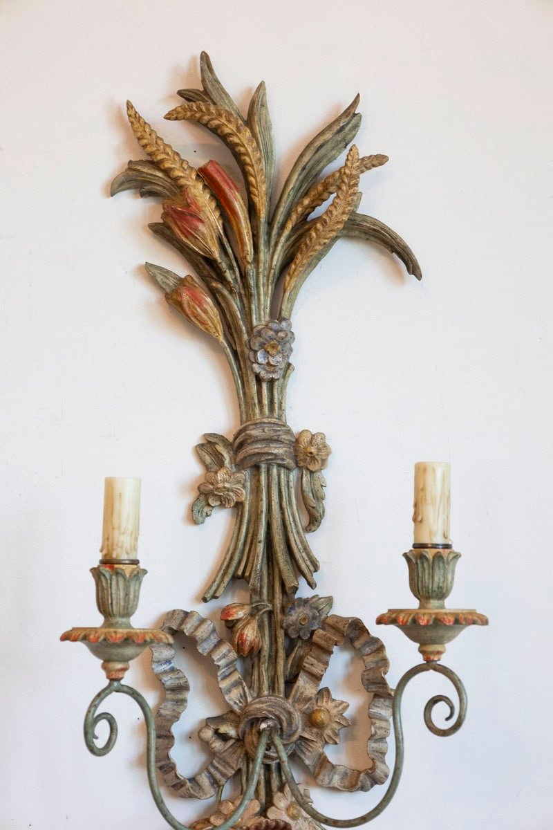 Pair of Mid-20th Century Italian Carved Wood Sconces with Wheat and Floral Motifs - JAA