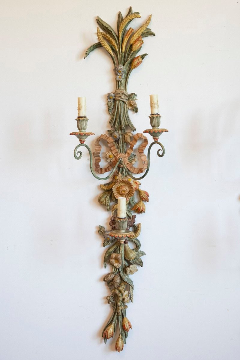 Pair of Mid-20th Century Italian Carved Wood Sconces with Wheat and Floral Motifs - JAA