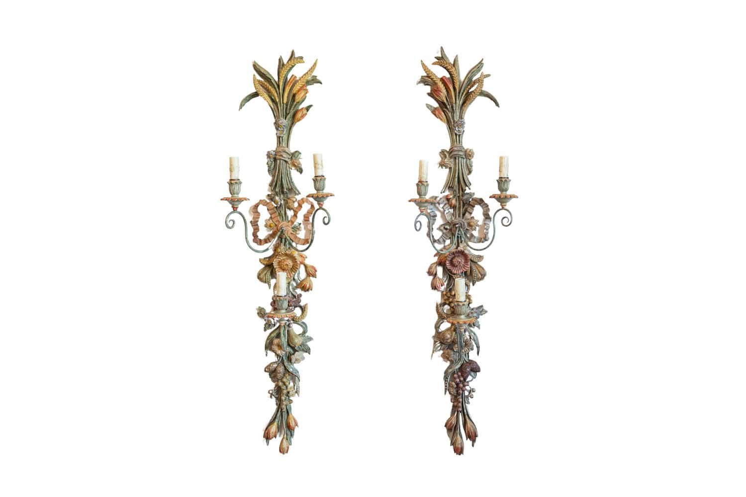 Pair of Mid-20th Century Italian Carved Wood Sconces with Wheat and Floral Motifs