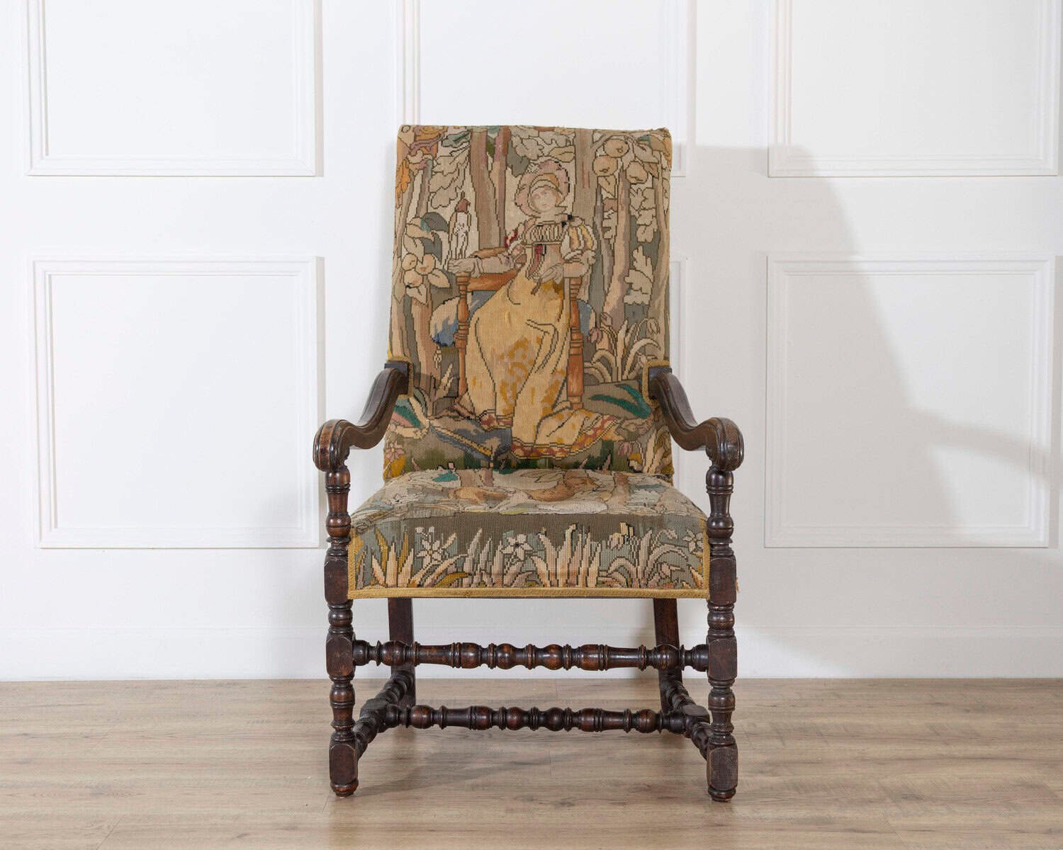 17th-Century French Baroque Walnut Spool Armchair with Petit Point Tapestry - JAA