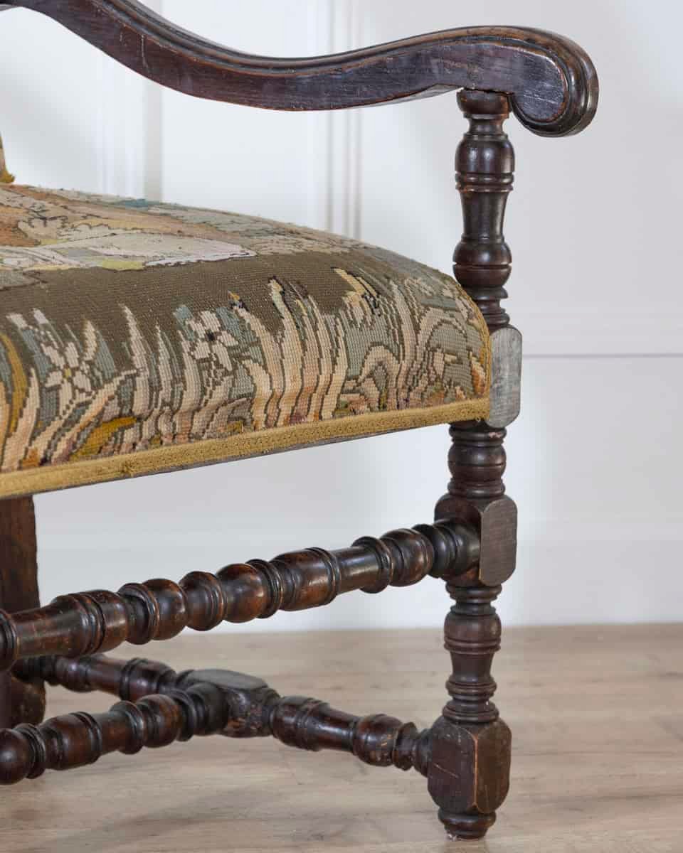 17th-Century French Baroque Walnut Spool Armchair with Petit Point Tapestry - JAA
