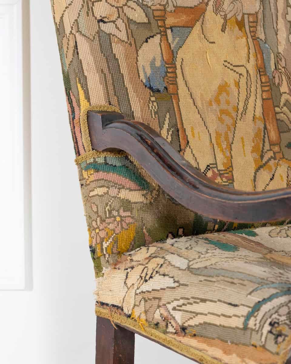 17th-Century French Baroque Walnut Spool Armchair with Petit Point Tapestry - JAA