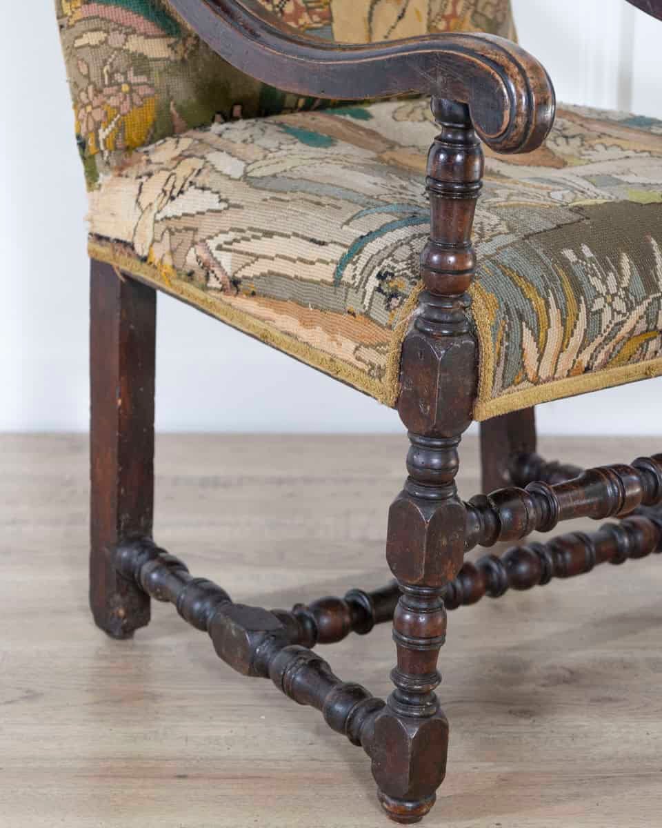 17th-Century French Baroque Walnut Spool Armchair with Petit Point Tapestry - JAA
