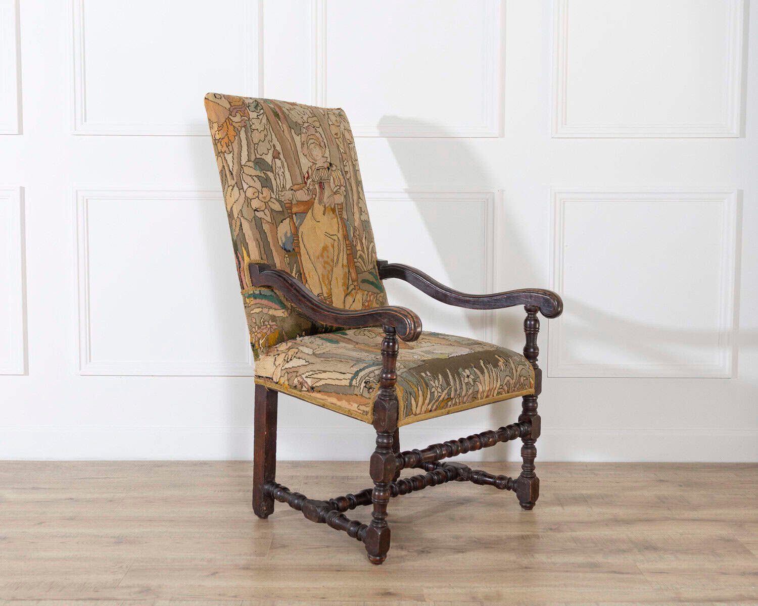 17th-Century French Baroque Walnut Spool Armchair with Petit Point Tapestry - JAA