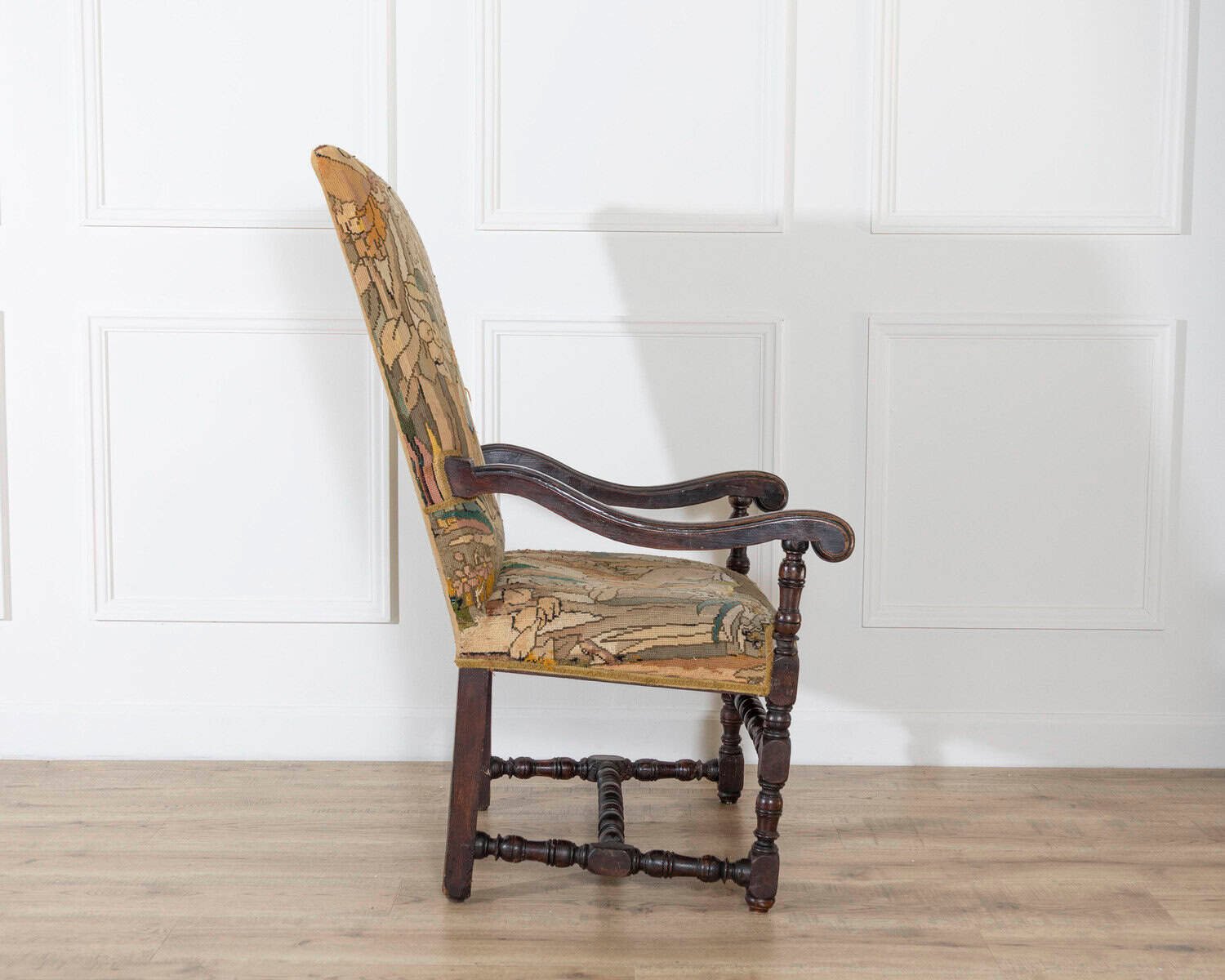 17th-Century French Baroque Walnut Spool Armchair with Petit Point Tapestry - JAA