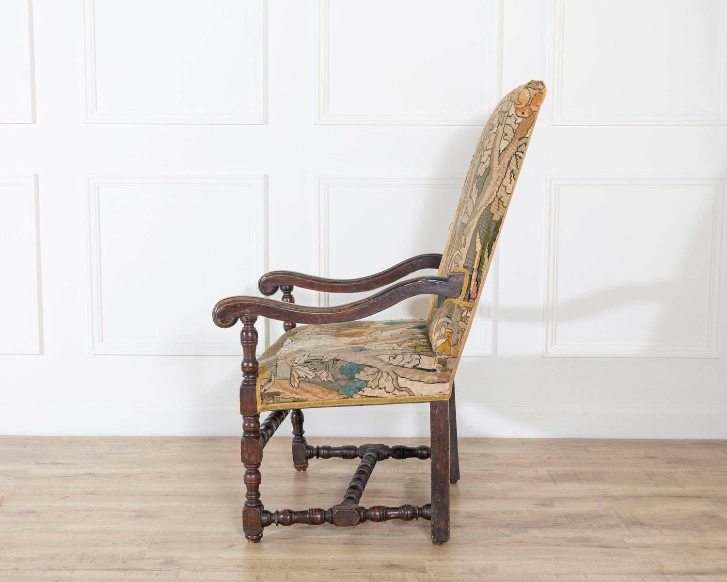 17th-Century French Baroque Walnut Spool Armchair with Petit Point Tapestry - JAA