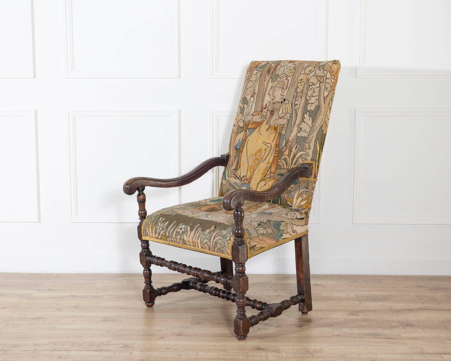 17th-Century French Baroque Walnut Spool Armchair with Petit Point Tapestry - JAA