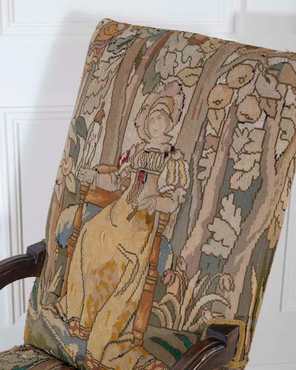 17th-Century French Baroque Walnut Spool Armchair with Petit Point Tapestry - JAA