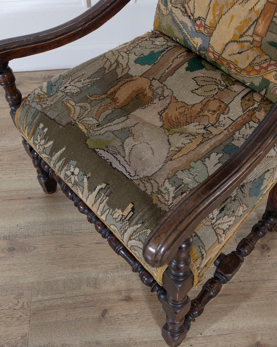 17th-Century French Baroque Walnut Spool Armchair with Petit Point Tapestry - JAA