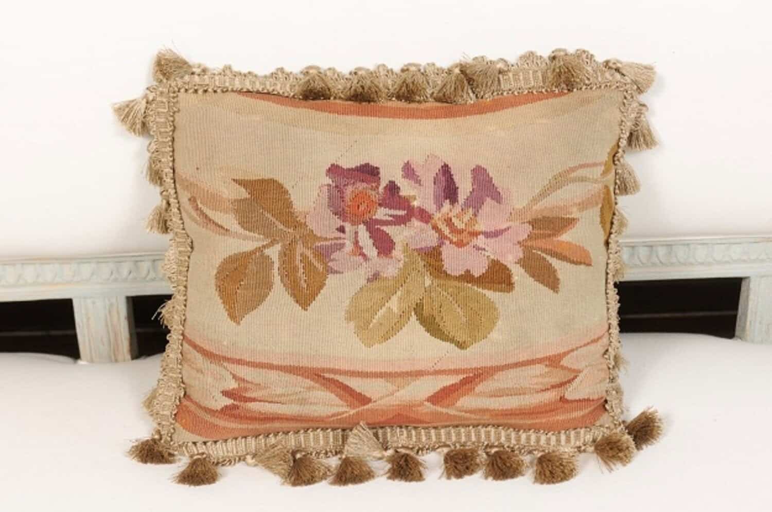 19th Century French Aubusson Tapestry Pillow with Purple Flowers and Tassels - JAA