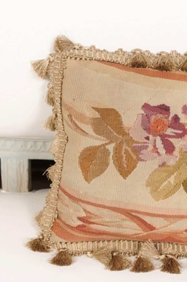 19th Century French Aubusson Tapestry Pillow with Purple Flowers and Tassels - JAA