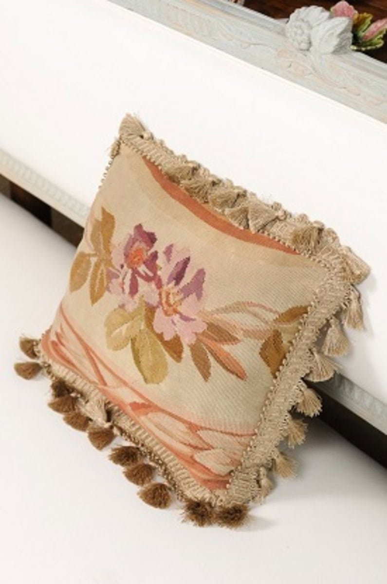 19th Century French Aubusson Tapestry Pillow with Purple Flowers and Tassels - JAA