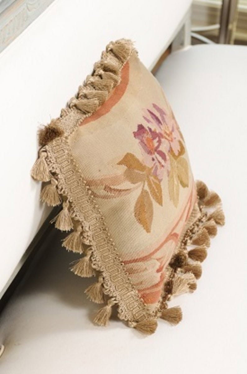 19th Century French Aubusson Tapestry Pillow with Purple Flowers and Tassels - JAA