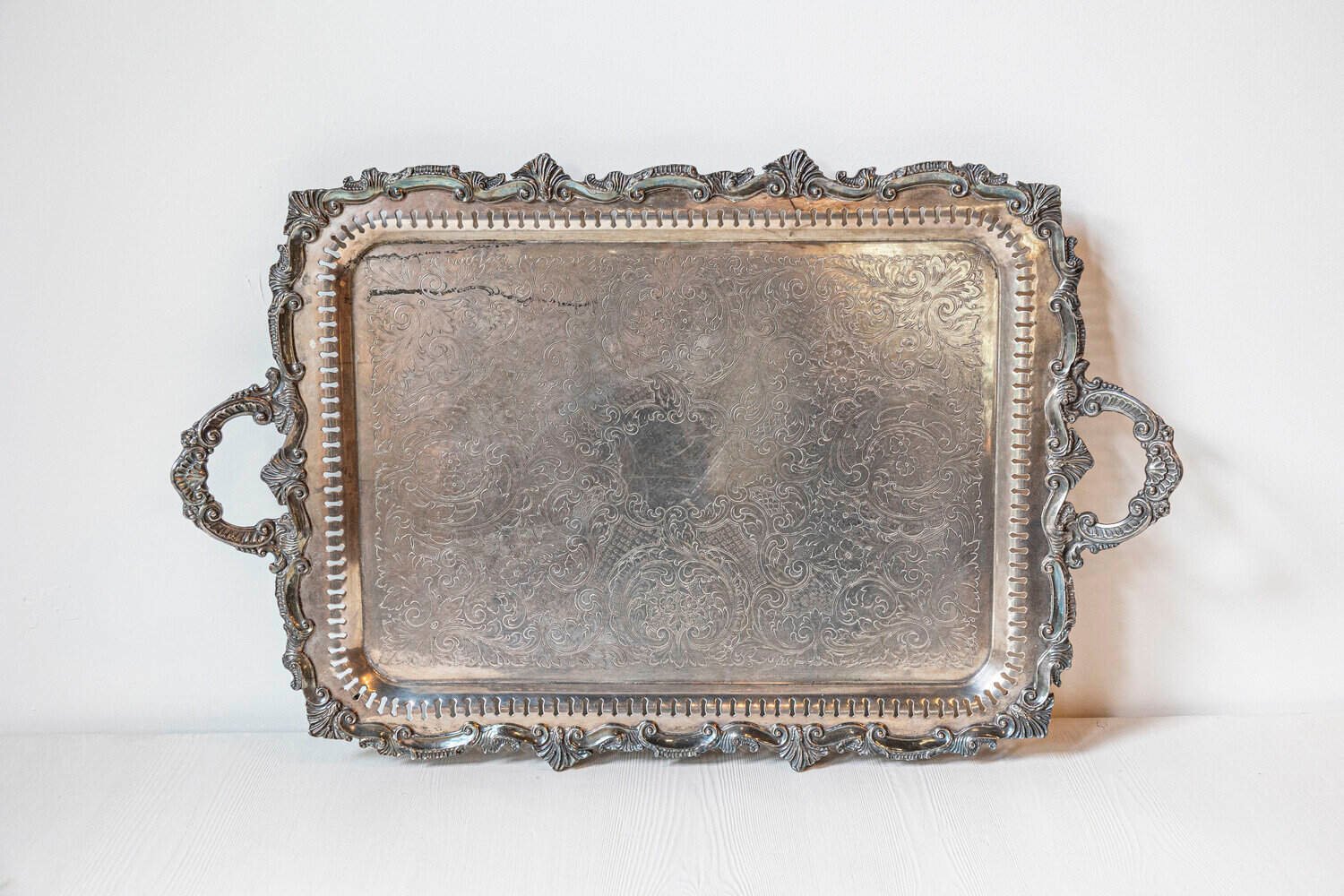 English Early 20th Century Silver Plate Serving Tray with Ornate Handles - JAA
