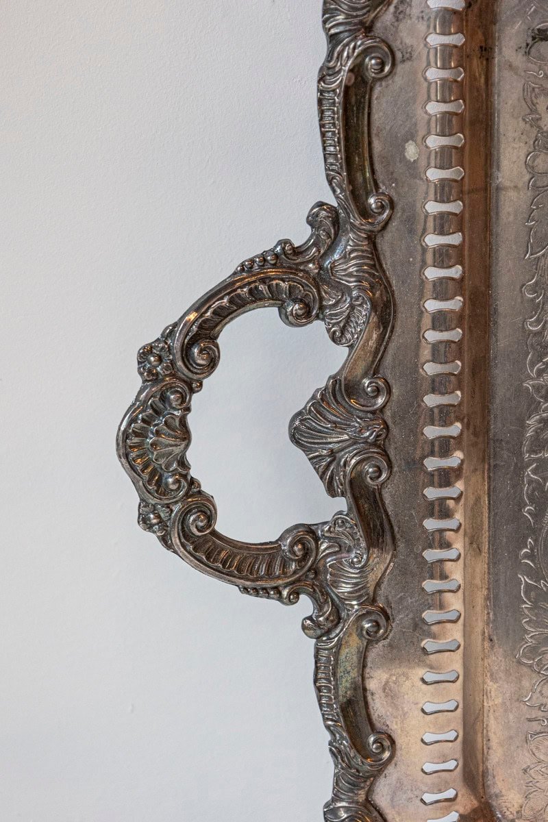 English Early 20th Century Silver Plate Serving Tray with Ornate Handles - JAA