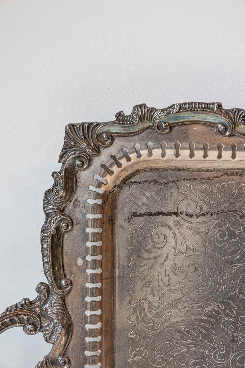 English Early 20th Century Silver Plate Serving Tray with Ornate Handles - JAA