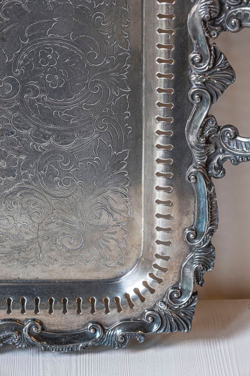 English Early 20th Century Silver Plate Serving Tray with Ornate Handles - JAA