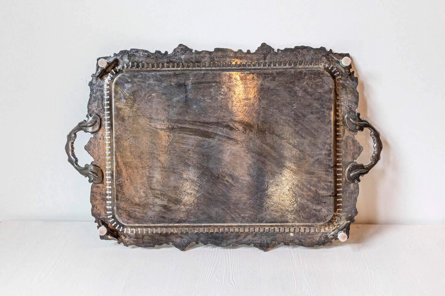 English Early 20th Century Silver Plate Serving Tray with Ornate Handles - JAA