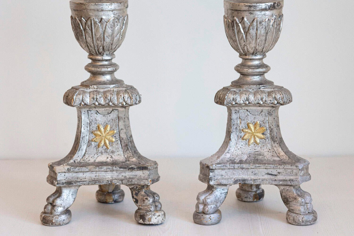 Pair of Italian 18th Century Silver Candlesticks with Gilt Star and Waterleaves - JAA