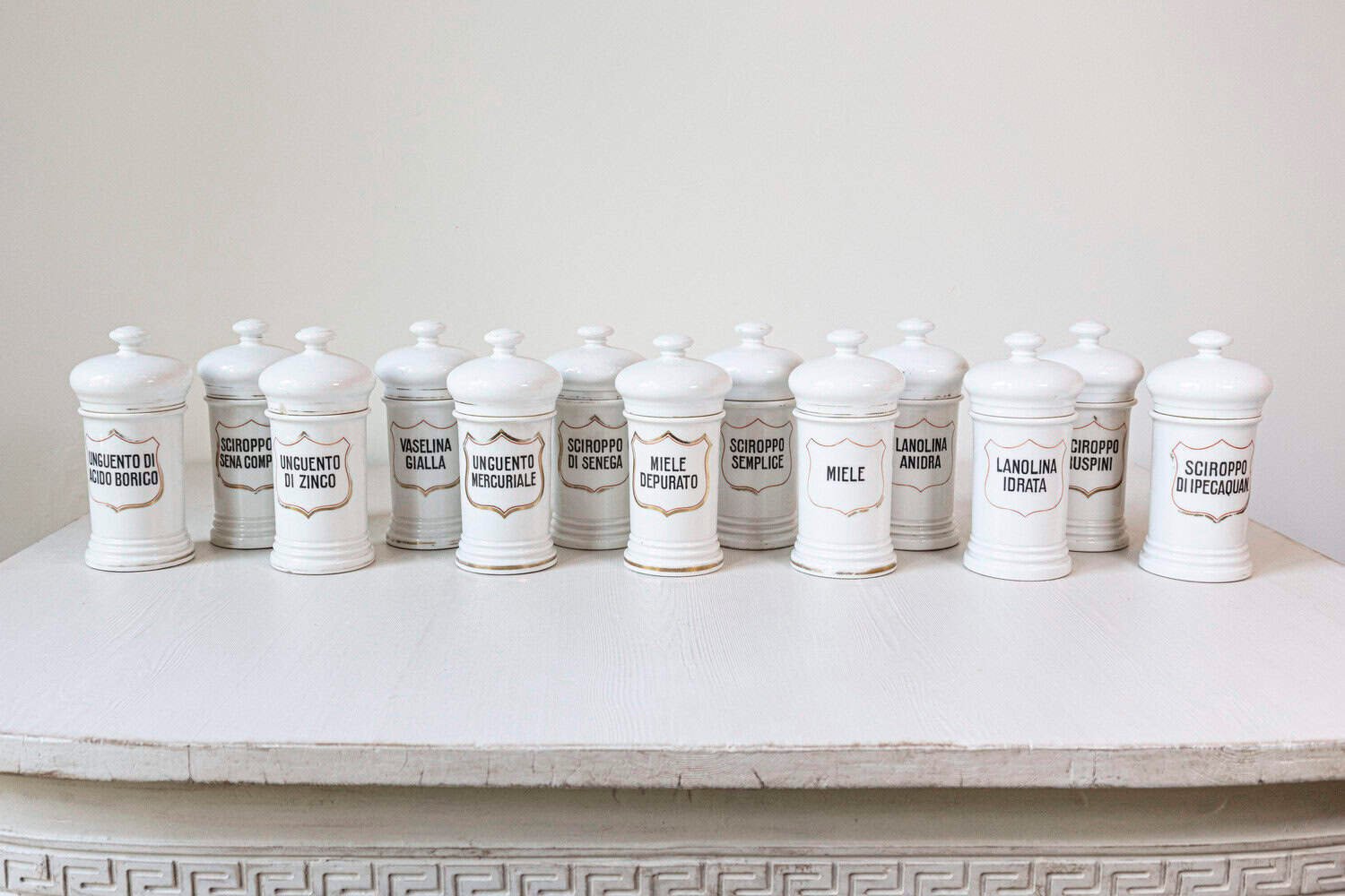 Italian 20th Century Porcelain Pharmacy Jars with Labels - JAA
