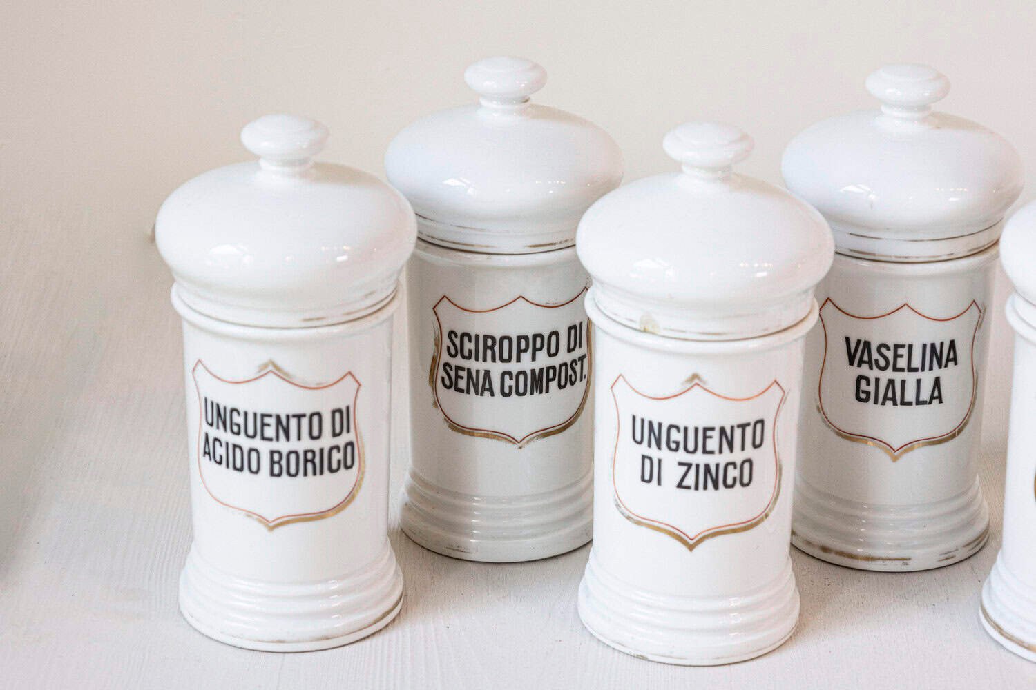 Italian 20th Century Porcelain Pharmacy Jars with Labels - JAA