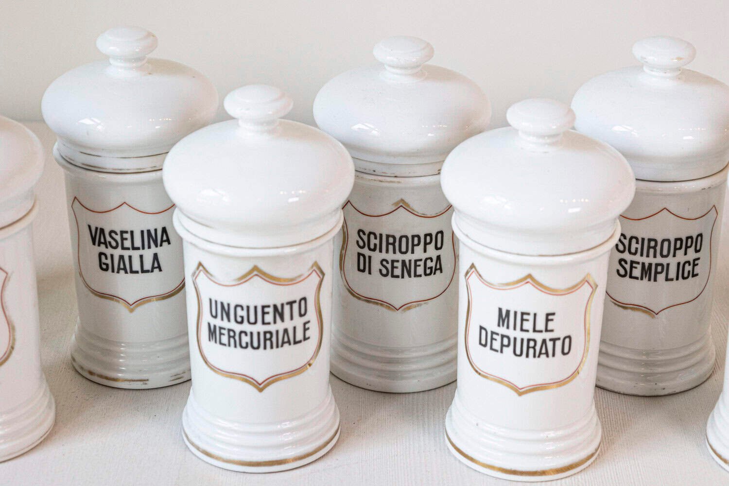 Italian 20th Century Porcelain Pharmacy Jars with Labels - JAA
