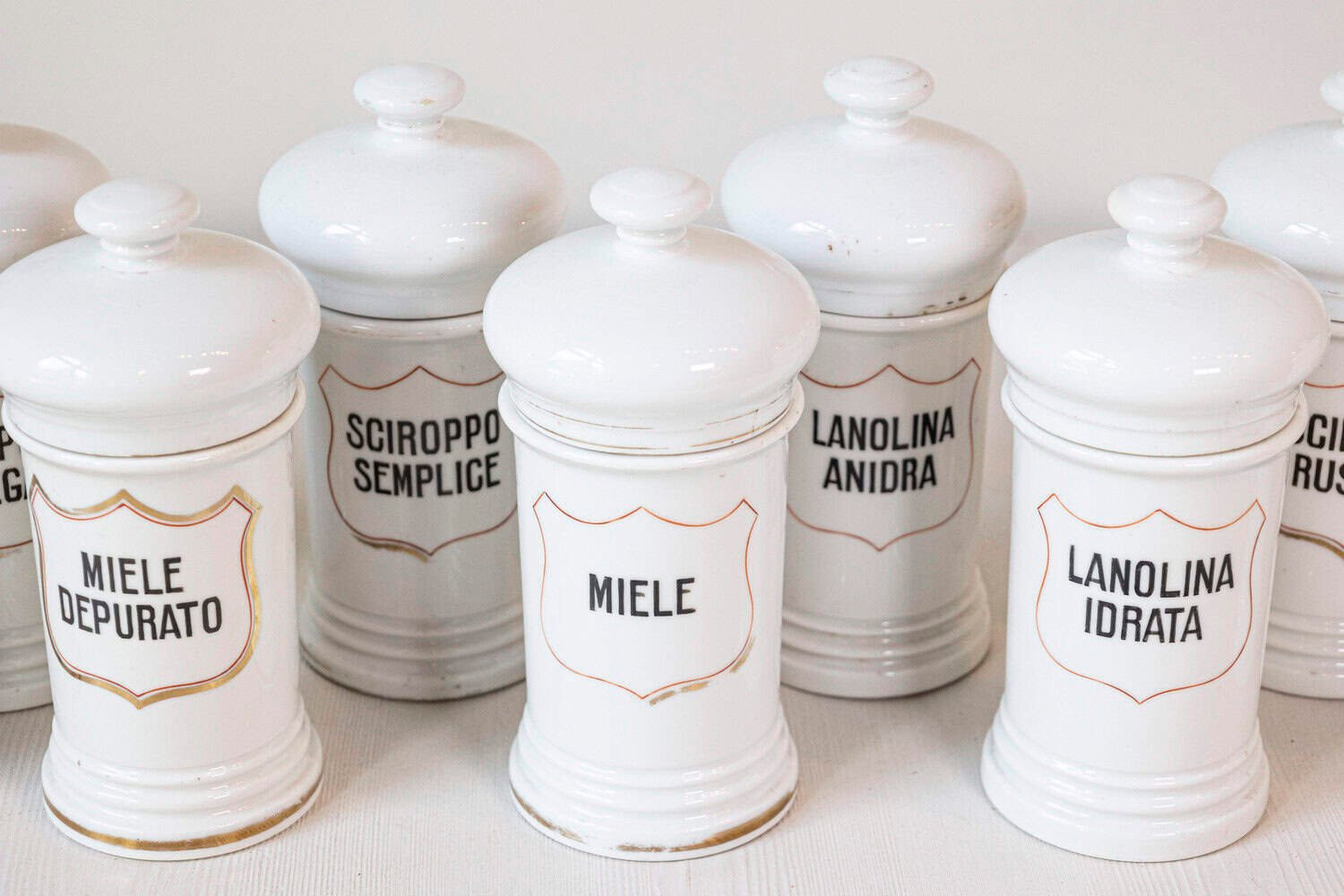 Italian 20th Century Porcelain Pharmacy Jars with Labels - JAA
