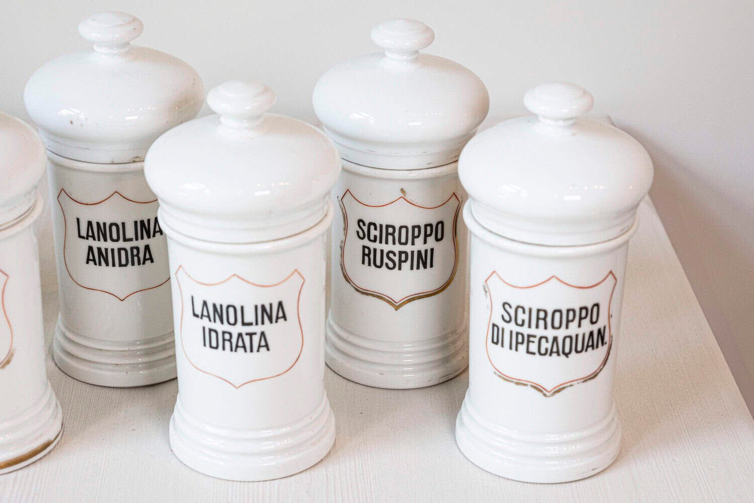 Italian 20th Century Porcelain Pharmacy Jars with Labels - JAA
