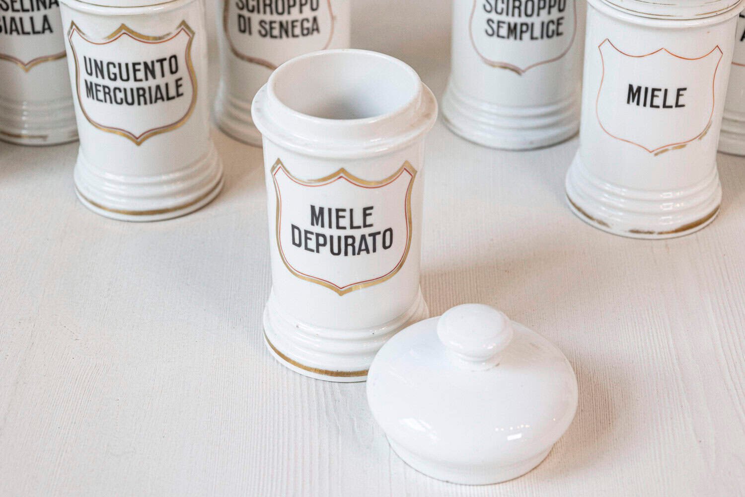 Italian 20th Century Porcelain Pharmacy Jars with Labels - JAA