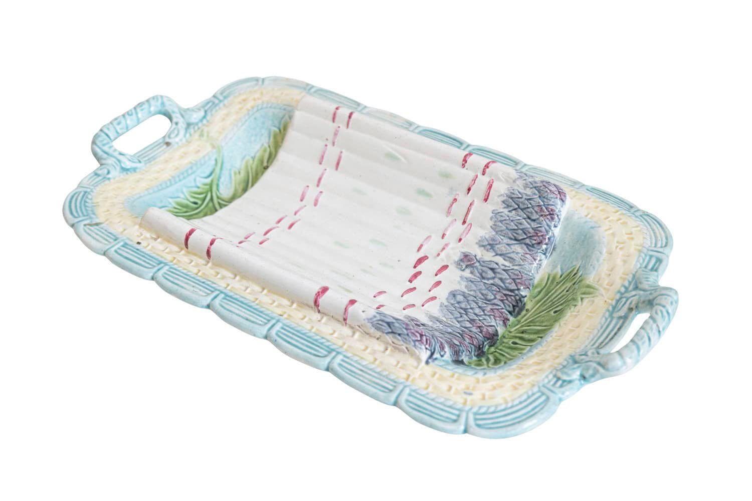 French 1850s Majolica Asparagus Platter with Purple, Turquoise and Yellow Tones - JAA