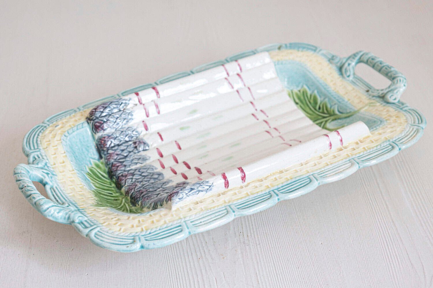 French 1850s Majolica Asparagus Platter with Purple, Turquoise and Yellow Tones - JAA
