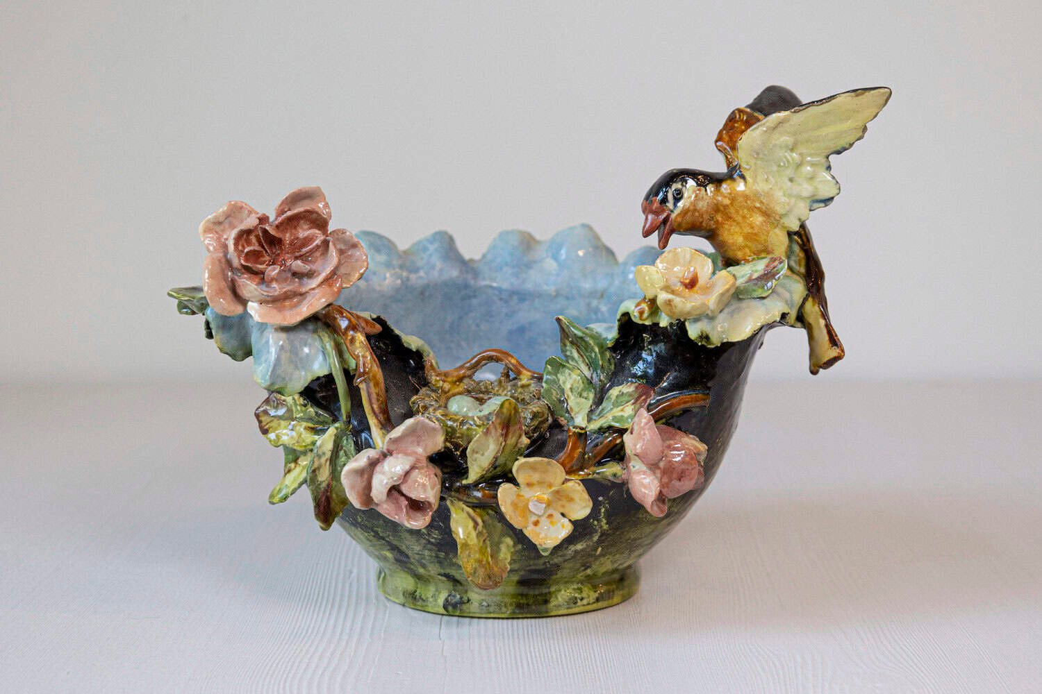 French 19th Century Barbotine Covered Bowl with Bird and Bird Nest Décor - JAA