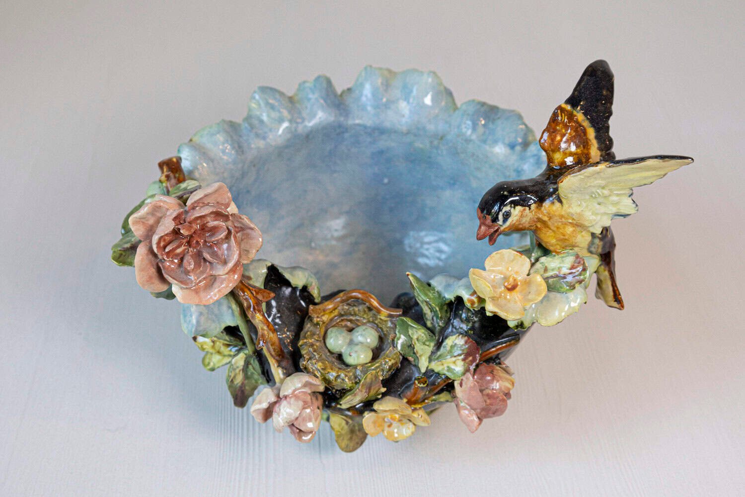 French 19th Century Barbotine Covered Bowl with Bird and Bird Nest Décor - JAA