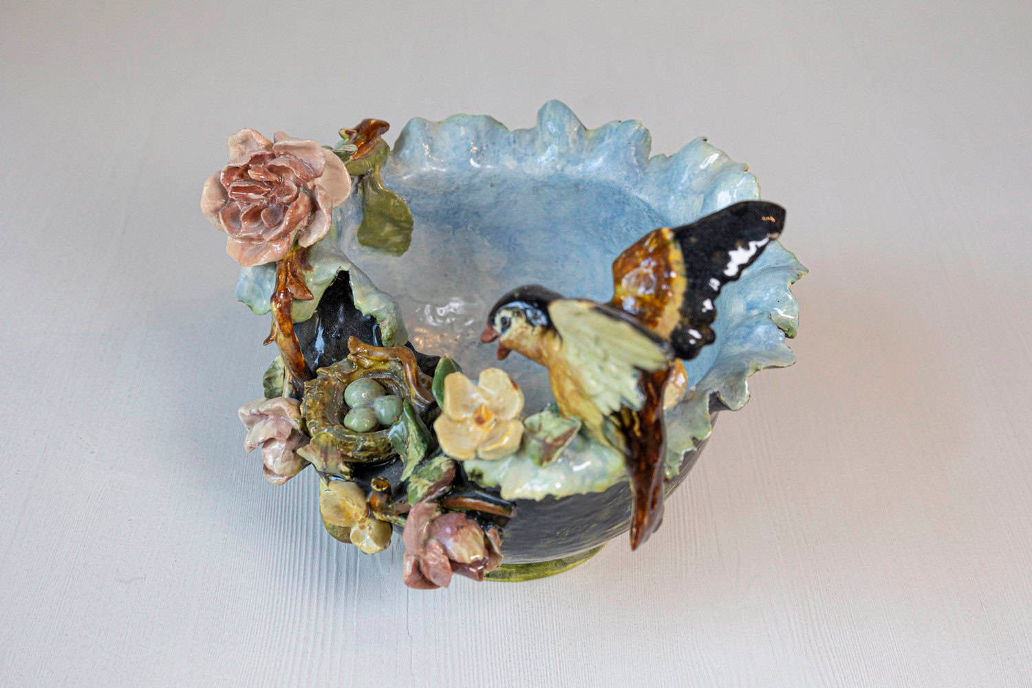 French 19th Century Barbotine Covered Bowl with Bird and Bird Nest Décor - JAA