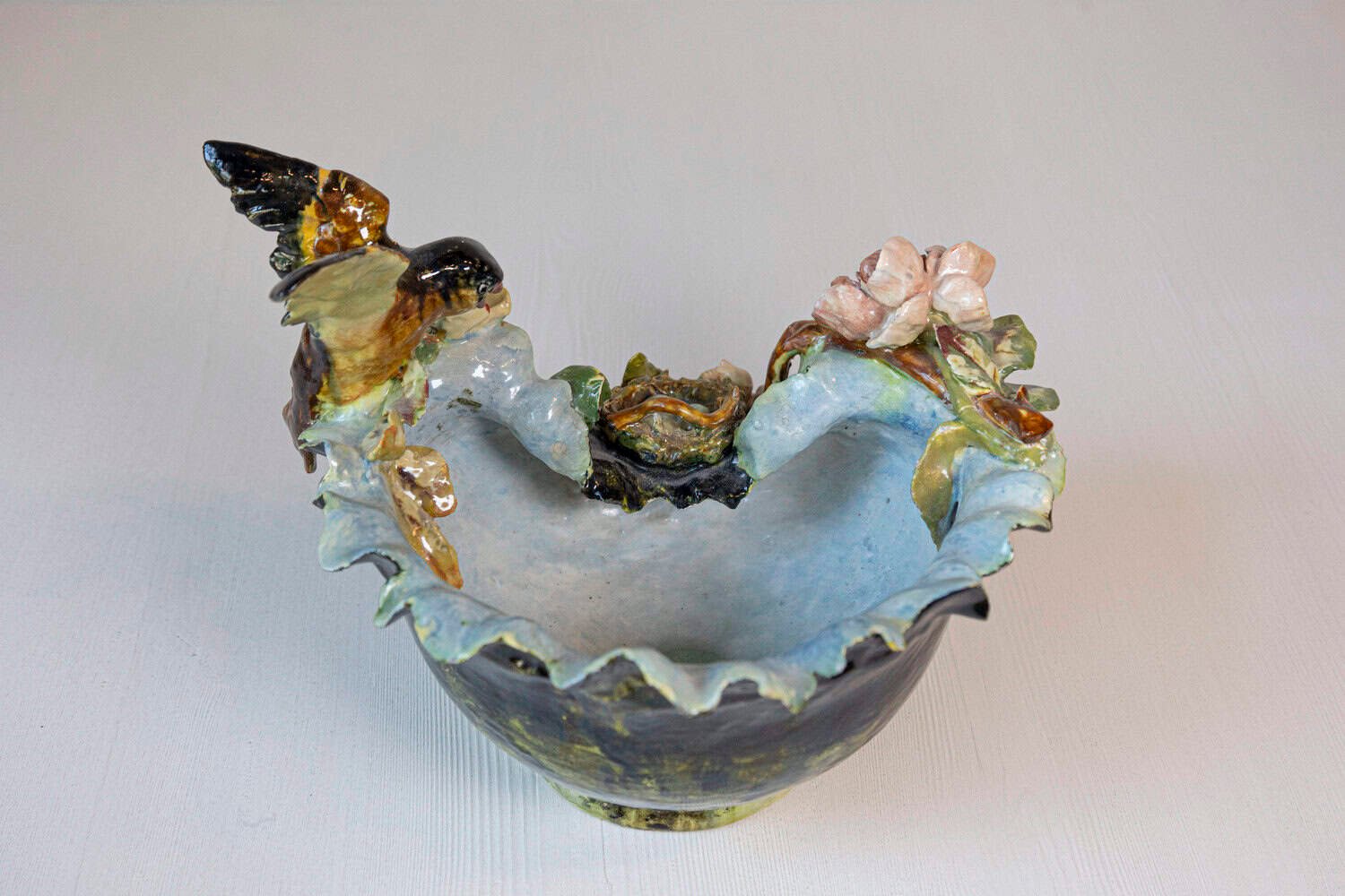 French 19th Century Barbotine Covered Bowl with Bird and Bird Nest Décor - JAA