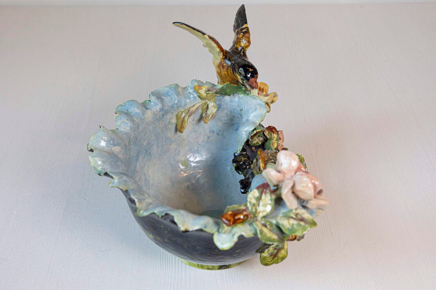 French 19th Century Barbotine Covered Bowl with Bird and Bird Nest Décor - JAA