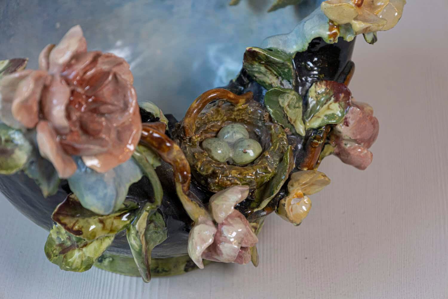 French 19th Century Barbotine Covered Bowl with Bird and Bird Nest Décor - JAA