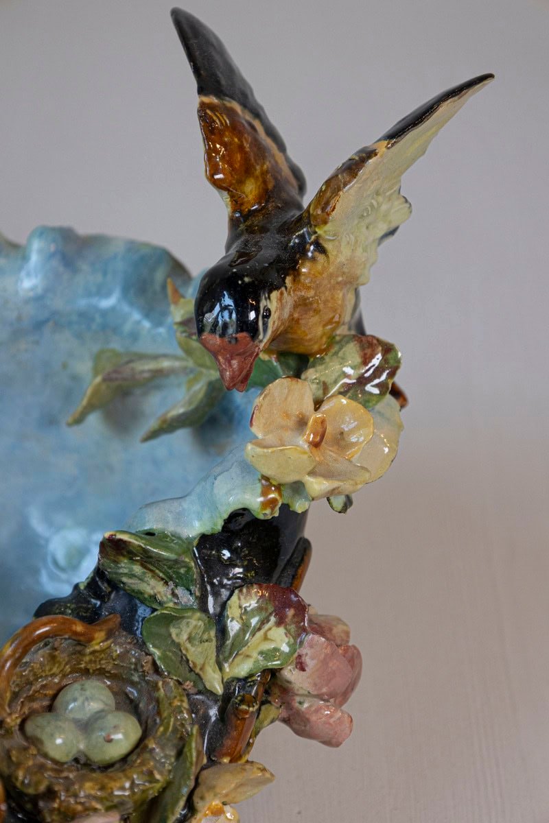 French 19th Century Barbotine Covered Bowl with Bird and Bird Nest Décor - JAA