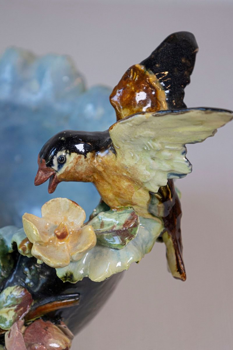 French 19th Century Barbotine Covered Bowl with Bird and Bird Nest Décor - JAA