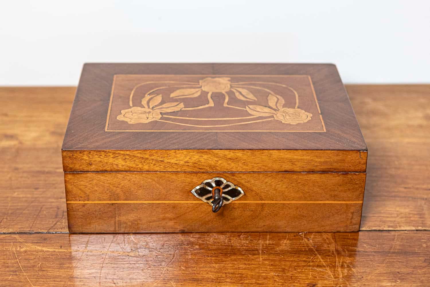 Danish 19th Century Walnut Jewelry Box with Inlaid Floral Motif, Circa 1880 - JAA