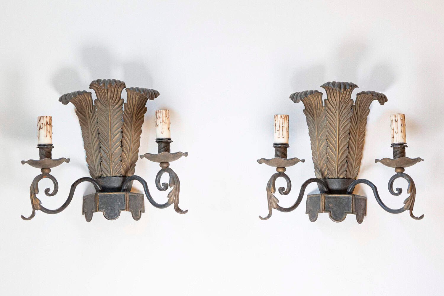 On Hold: Pair of French Tôle Two-Light Sconces with Ostrich Plume Motifs, circa 1890 - JAA
