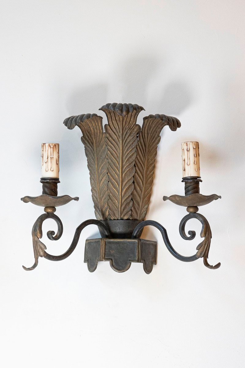 On Hold: Pair of French Tôle Two-Light Sconces with Ostrich Plume Motifs, circa 1890 - JAA