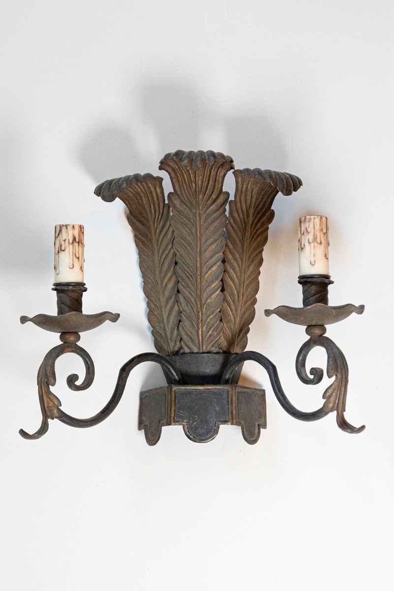 On Hold: Pair of French Tôle Two-Light Sconces with Ostrich Plume Motifs, circa 1890 - JAA
