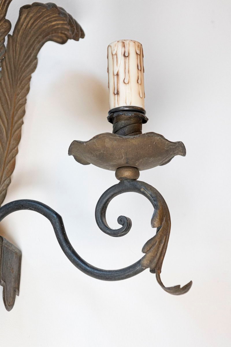 On Hold: Pair of French Tôle Two-Light Sconces with Ostrich Plume Motifs, circa 1890 - JAA