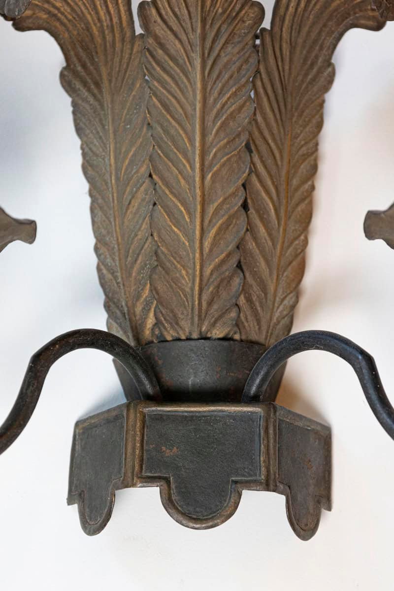 On Hold: Pair of French Tôle Two-Light Sconces with Ostrich Plume Motifs, circa 1890 - JAA