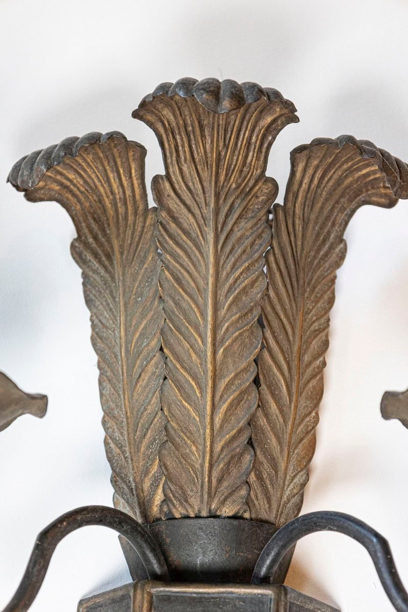 On Hold: Pair of French Tôle Two-Light Sconces with Ostrich Plume Motifs, circa 1890 - JAA