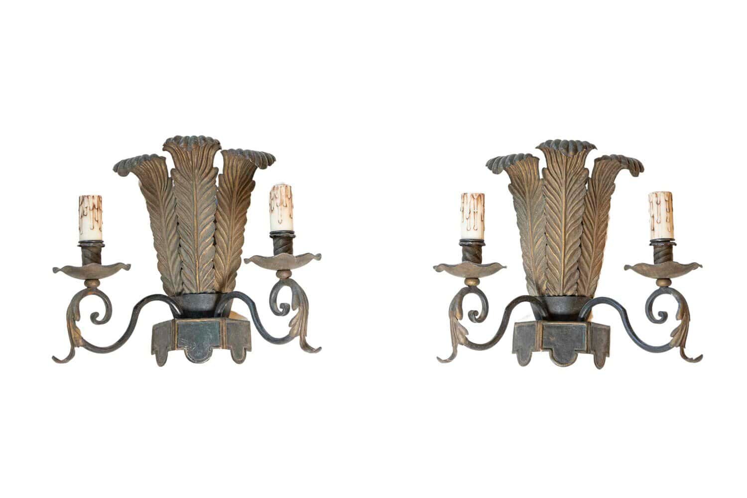 On Hold: Pair of French Tôle Two-Light Sconces with Ostrich Plume Motifs, circa 1890