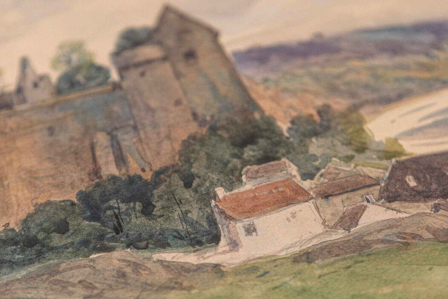 French Watercolor on Paper Painting of a Medieval Château along the Vienne River - JAA