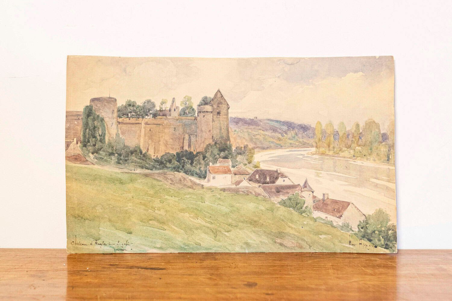 French Watercolor on Paper Painting of a Medieval Château along the Vienne River - JAA