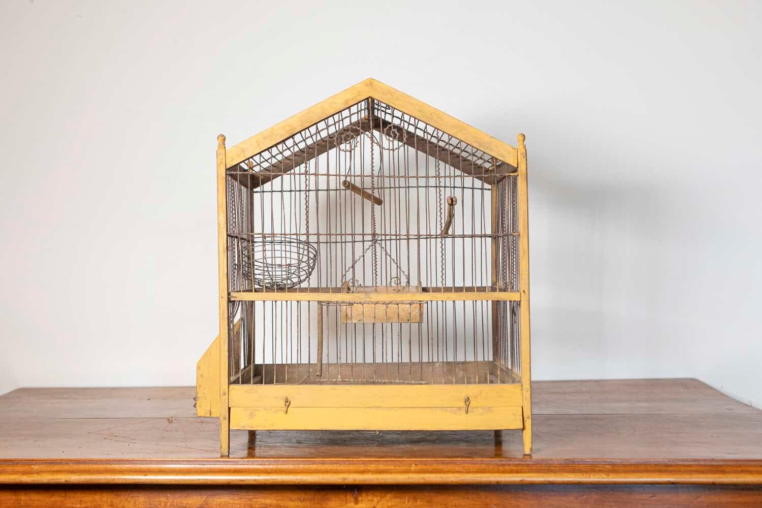 French Early 20th Century Yellow-Painted Wood and Iron Birdcage in House Form with Pitched Roof - JAA